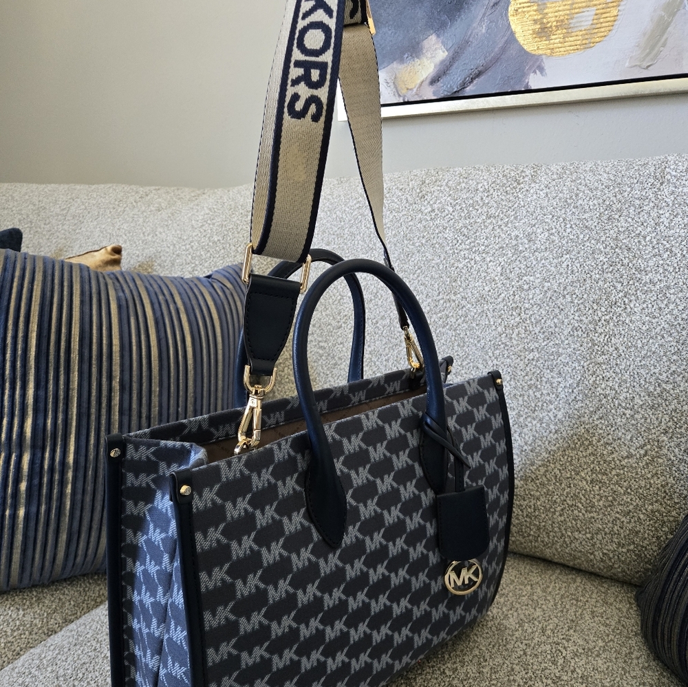 Michael Kors Navy MK Monogram Tote with Crossbody Strap - Picture 5 of 12